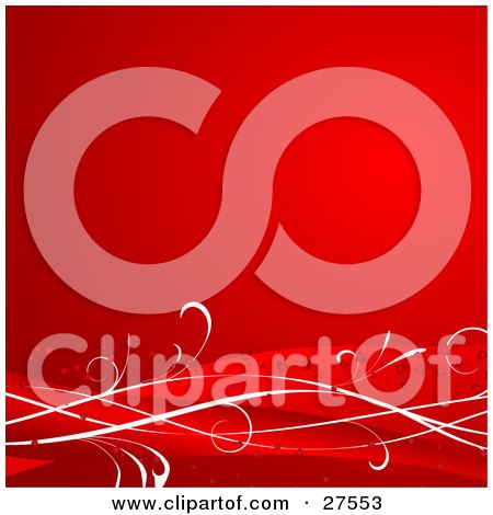 Clipart Illustration of a Deep Gradient Red Background With White And Red Waves And Hearts Along The Bottom by KJ Pargeter