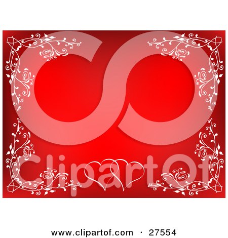 Clipart Illustration of a Red Background Bordered With White Floral Flourishes And Two Hearts At The Bottom by KJ Pargeter