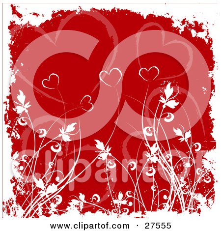 Clipart Illustration of a Red Background Of Hearts, Bordered By White Grunge And Plants by KJ Pargeter