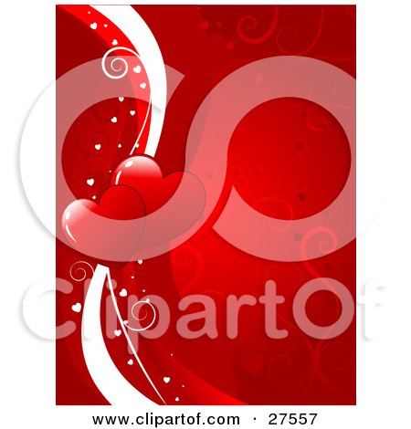 Clipart Illustration of Two Hearts On White And Red Lines, Bordered By Small White Hearts On A Red Background With Scrolls by KJ Pargeter