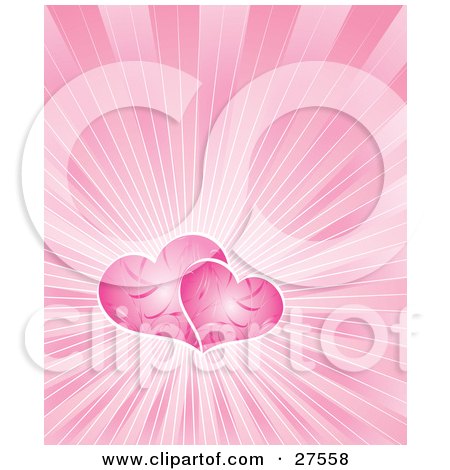 Clipart Illustration of Two Pink Patterned Hearts Outlined In White, Over A Bursting Pink Background by KJ Pargeter