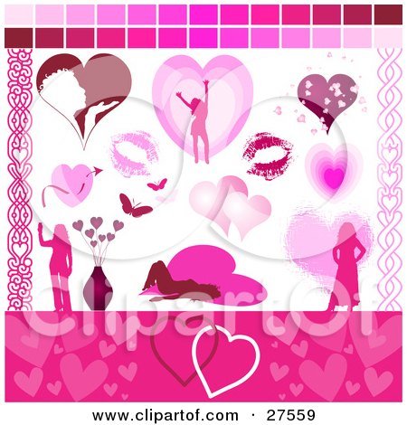 Clipart Illustration of a Collection Of Romantic Web Design Elements Of A Woman Blowing A Kiss, Lipstick Kisses, Butterflies, Flowers And Hearts by KJ Pargeter