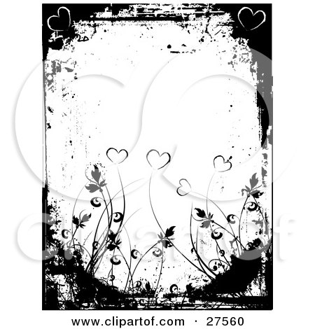 Clipart Illustration of a White Background Bordered By Black Grunge, Hearts And Plants by KJ Pargeter