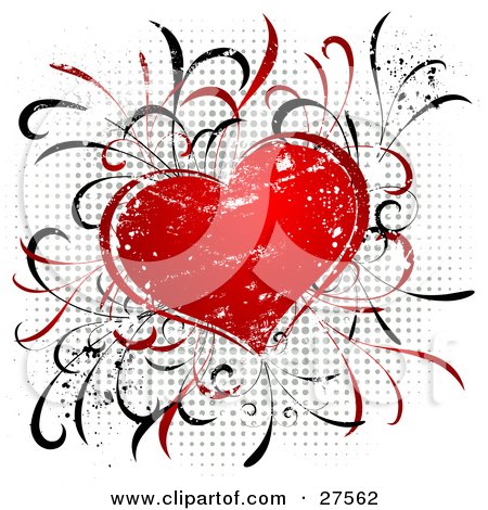 Clipart Illustration of a Red Grunge Textured Heart With Grasses Over A Gray Dotted Background On White by KJ Pargeter