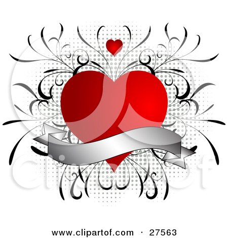 Clipart Illustration of a Blank Silver Scroll Over A Red Heart With Vines Over A Grunge Gray Dotted Background by KJ Pargeter