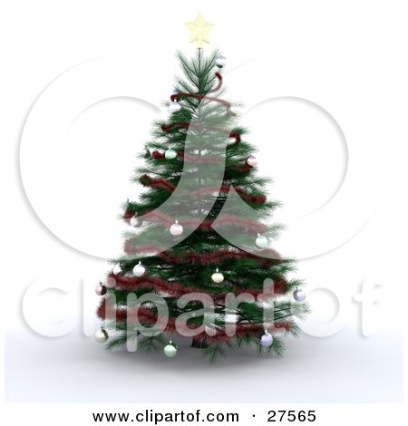 Clipart Illustration of a Realistic Looking Christmas Tree With Red Tinsel, Silver Ornaments And A Golden Star by KJ Pargeter