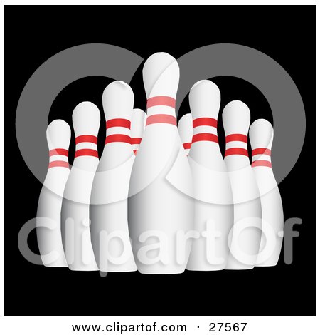 Clipart Illustration of a Lineup Of Red And White Bowling Pins At The End Of An Alley, Over Black by KJ Pargeter