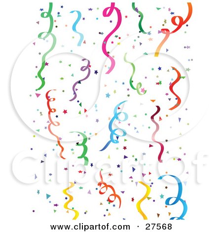 Clipart Illustration of a Background Of Colorful Green, Blue, Purple, Pink, Yellow And Orange Party Streamers And Confetti Over A White Background by KJ Pargeter