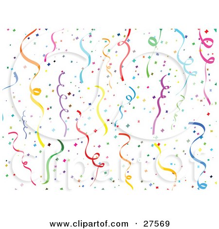 Clipart Illustration of a Horizontal Colorful Background Of Party Streamers And Confetti Over A White by KJ Pargeter