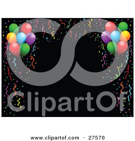Clipart Illustration of a Black Background Bordered By Colorful Party Streamers, Confetti And Party Balloons by KJ Pargeter