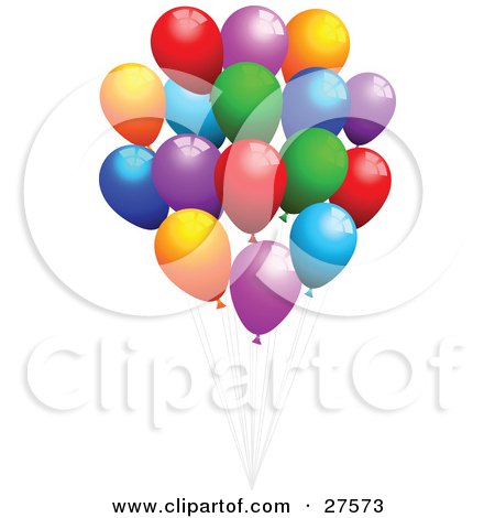 Clipart Illustration of a Bunch Of Red, Purple, Orange, Blue And Green Party Balloons With Strings, Floating In The Air by KJ Pargeter
