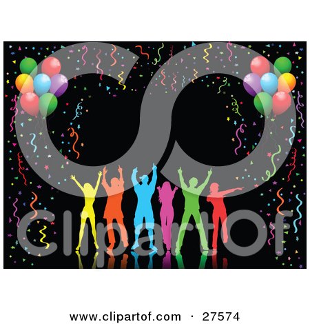 Clipart Illustration of Silhouetted Colorful People Dancing Over A Black Background Bordered By Colorful Party Streamers, Confetti And Party Balloons by KJ Pargeter