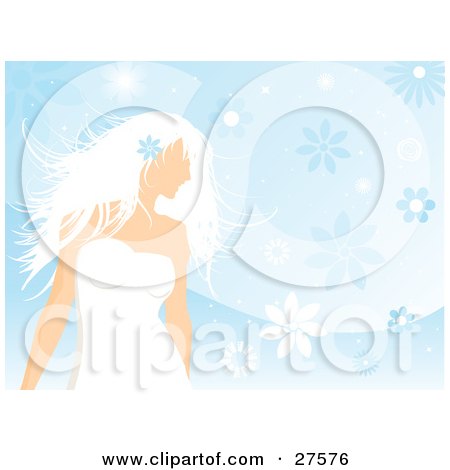 Clipart Illustration of a Beautiful White Haired Woman In A White Dress, Wearing A Blue Flower In Her Hair And Standing Over A Blue Floral Background by KJ Pargeter