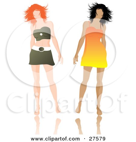 Clipart Illustration of Two Fashionable Women In A Dress And Mini Skirt, Walking Side By Side Over White  by KJ Pargeter
