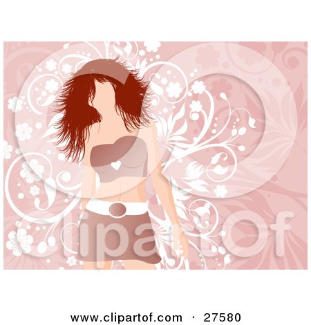 Clipart Illustration of a Sexy Faceless Woman In A Brown Top And Mini Skirt, Standing In Front Of A Pink And White Floral Background by KJ Pargeter