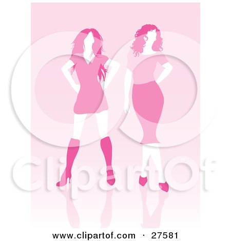 Clipart Illustration of Two Pink Haired Faceless Women Posing In A Dress And Skirt Over A Pink Background by KJ Pargeter