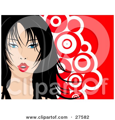 Clipart Illustration of a Pretty Blue Eyed, Black Haired Woman With Red Lips, Over A Red And White Circle Background by KJ Pargeter