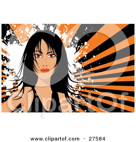 Clipart Illustration of a Pretty Black Haired Woman In A Black Shirt, Facing Front Over A White Grunge Splatter And Bursting Orange And Black Background by KJ Pargeter