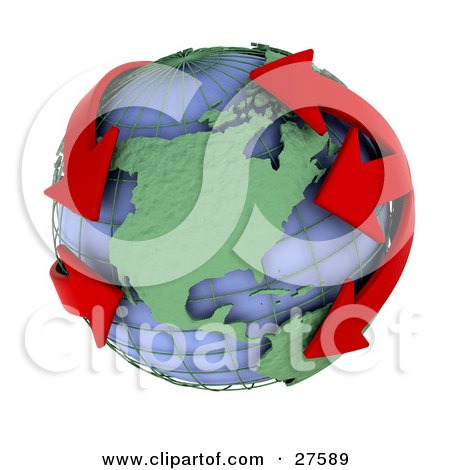Clipart Illustration of Red Arrows Circling The Blue Globe And Green Continents Of Earth, Symbolizing Pollution, Economics Or Flight Plans by KJ Pargeter