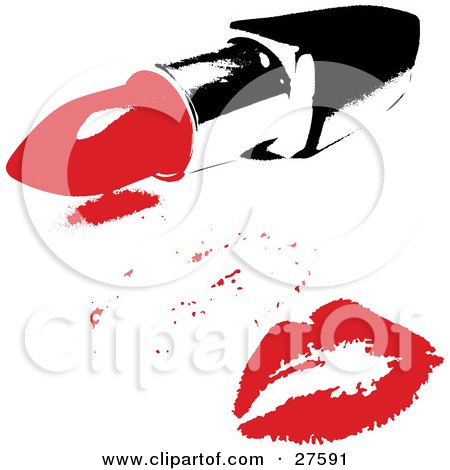 Clipart Illustration of a Red Lipstick Kiss From A Woman, On A White Background With A Tube Of Lipstick by KJ Pargeter