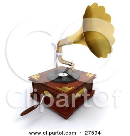 Clipart Illustration of a Wooden Gramophone With A Handle And Golden Horn Playing Music From A Record by KJ Pargeter