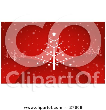 Clipart Illustration of a Bare, Leafless Christmas Tree With Stars, On Top Of A Hill With Other Trees In The Distance And Snow Falling Down On A Red Background by KJ Pargeter