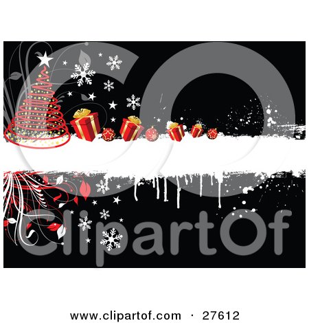 Clipart Illustration of a Red Spiral Christmas Tree With Golden Ornaments, Resting On A Snowy Landscape With Gifts And Ornaments, Snowflakes Falling Over A Black Grunge Background by KJ Pargeter