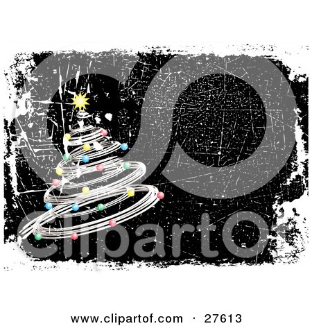 Clipart Illustration of a Silver Spiral Christmas Tree Decked Out In Colorful Ornaments And A Yellow Star, On A Black Grunge Background Bordered With White And A Scratched Texture by KJ Pargeter