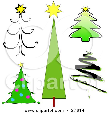 Clipart Illustration of Sketched, Simple, Twirly, Scribble And Drawn Christmas Trees by KJ Pargeter