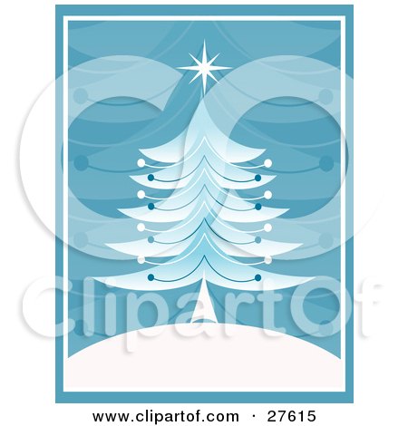 Clipart Illustration of a Retro Christmas Tree With A Star On Top, On A White Hill With A Blue Branch Patterned Background by KJ Pargeter