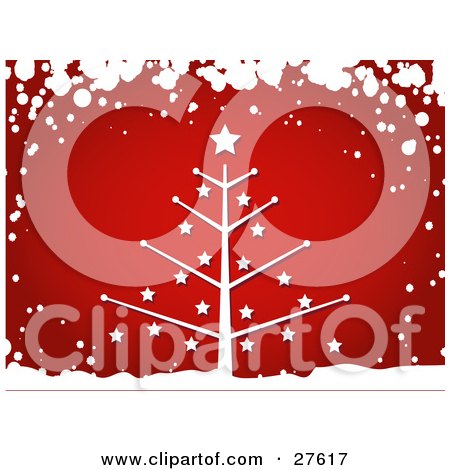 Clipart Illustration of a Bare, Leafless Christmas Tree With Stars, Over A Red Background, Bordered By White Snow by KJ Pargeter