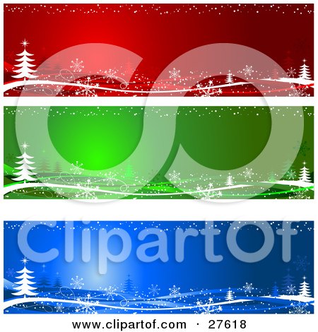Clipart Illustration of a Collection Of Red, Green And Blue Website Banners Or Gift Labels With White Christmas Trees And Snowflakes by KJ Pargeter