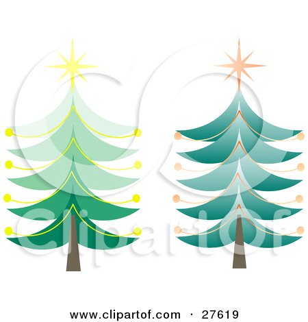 Clipart Illustration of Two Tall Green Christmas Trees With Orange And Yellow Ornaments And Stars by KJ Pargeter