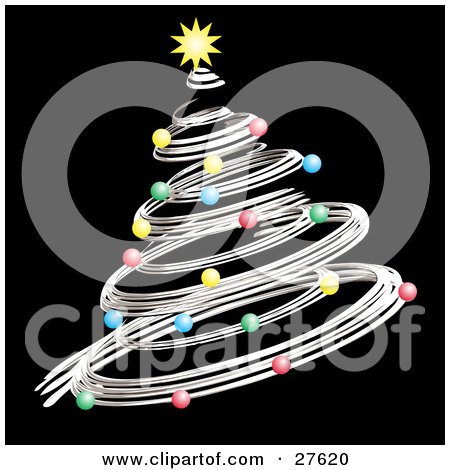 Clipart Illustration of a Silver Spiral Christmas Tree Decked Out In Colorful Ornaments And A Yellow Star Over Black by KJ Pargeter