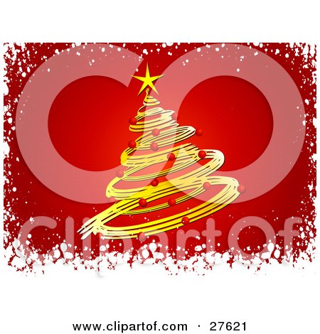 Clipart Illustration of a Yellow Spiral Christmas Tree Decked Out In Red Ornaments And A Yellow Star Over A Red Background With A Snow Border by KJ Pargeter