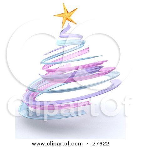 Clipart Illustration of a Short And Thick Pastel Purple, Blue And Pink Spiral Christmas Tree With A Yellow Star On Top by KJ Pargeter
