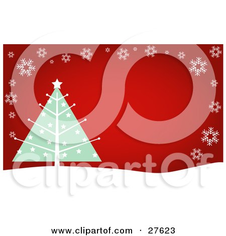 Clipart Illustration of a Green And White Christmas Tree Adorned With Stars, On A Snow Covered Hill Over Red, With White Snowflakes by KJ Pargeter