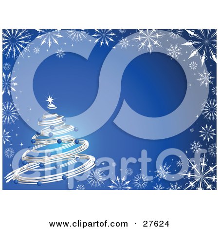 Clipart Illustration of a Silver Spiral Christmas Tree Decked Out In Blue Ornaments And A Bright Star Over A Gradient Background, Bordered With White Snowflakes by KJ Pargeter