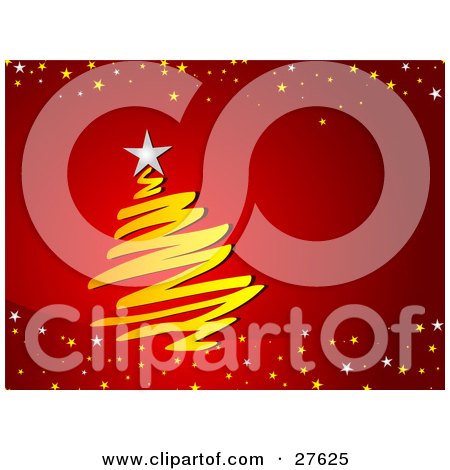 Clipart Illustration of a Scribbled Yellow Christmas Tree With A White Star On Top, Over A Gradient Red Background, Bordered With White And Yellow Stars by KJ Pargeter