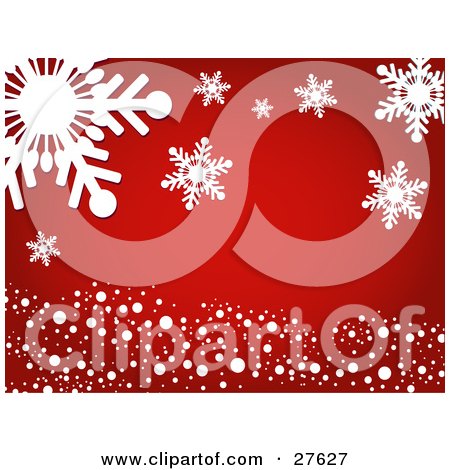 Clipart Illustration of a Red Background With Round Snow And Giant White Snowflakes by KJ Pargeter
