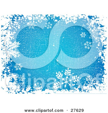 Clipart Illustration of a Scratched Blue Background Of White Grunge And Snowflakes Over Blue by KJ Pargeter