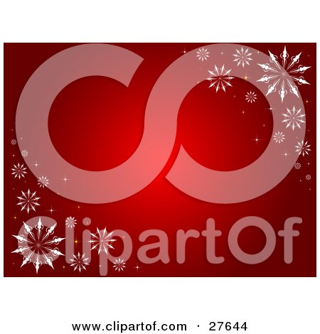 Clipart Illustration of a Gradient Red Background With White Snowflakes In The Upper Right And Lower Left Corners by KJ Pargeter