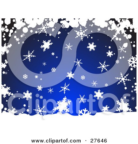 Clipart Illustration of Snow And Snowflakes Falling Over A Dark Blue Background by KJ Pargeter