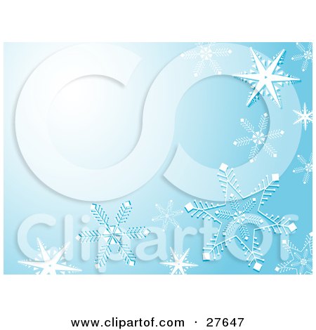 Clipart Illustration of a Blue Background With A Bright Burst Of Light And Big White Snowflakes by KJ Pargeter