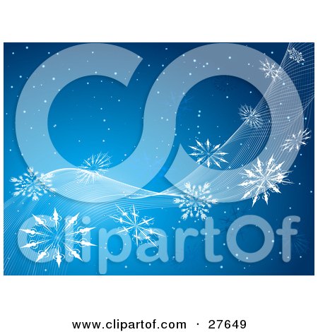 Clipart Illustration of a Snowy Blue Background With White Waves And Snowflakes Spanning Diagonally Across by KJ Pargeter