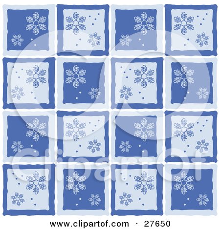Clipart Illustration of a Repetitive Blue Background Of Snowflakes And Snow In Squares by KJ Pargeter