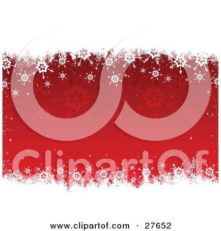 Clipart Illustration of a Red Background With Faded Snowflakes, Bordered By White Grunge And Snowflakes On The Top And Bottom by KJ Pargeter