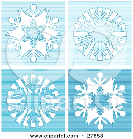Clipart Illustration of a Blue Striped Background Of Four White Snowflakes by KJ Pargeter