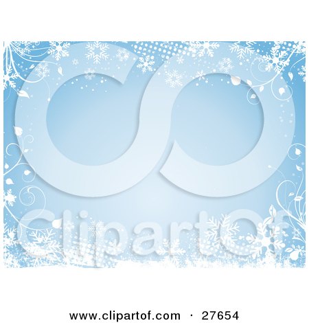 Clipart Illustration of a Blue Background Bordered By White Vines, Grunge Dots And Snowflakes by KJ Pargeter