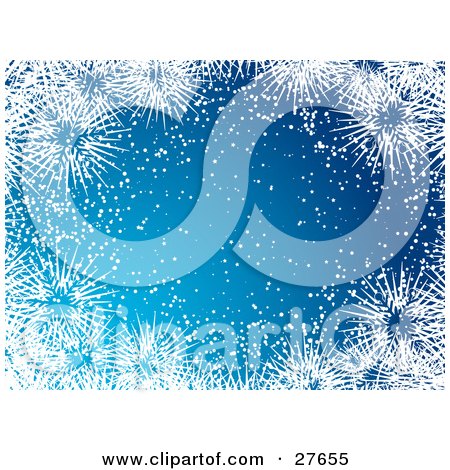 Clipart Illustration of a Blue Background With White Snow And Big Icy Snowflakes Bordering Around The Center by KJ Pargeter